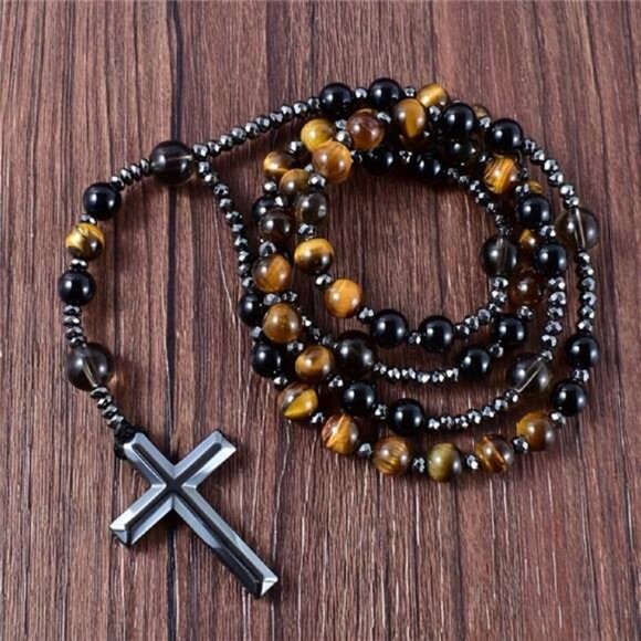 Men's Natural Tiger Eye Round Beaded Long Hematite Cross Necklace - Picture 1 of 6